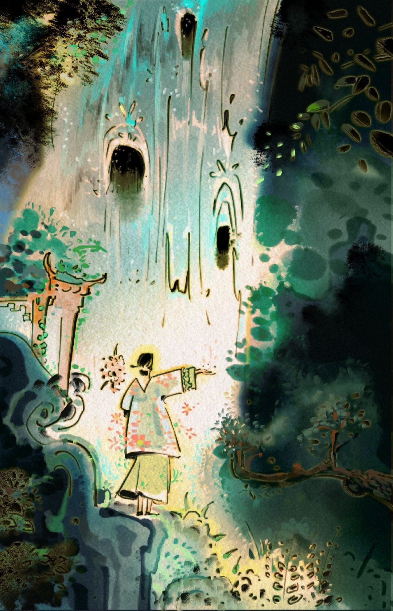 1girl, black-footed_cat, black_hair, blue_shirt, chinese_commentary, cliff, commentary_request, floral_print