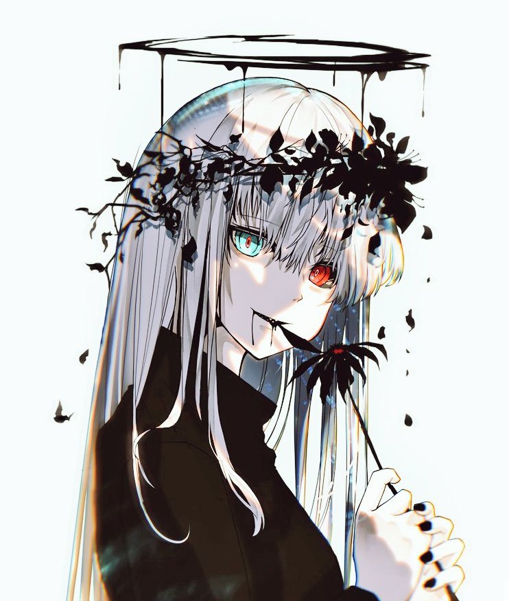 1girl, black_flower, black_halo, black_nails, black_petals, black_sweater, blue_eyes, commentary_request