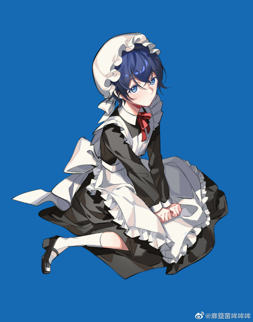 1boy, apron, between_legs, black_dress, black_footwear, blue_background, blue_hair, collared_dress