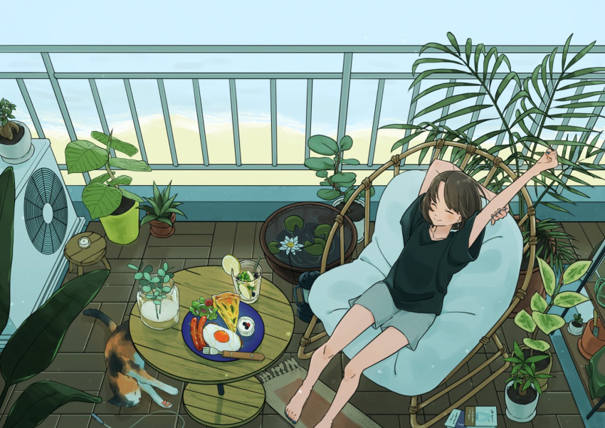 1girl, arm_up, arms_behind_head, balcony, bare_legs, barefoot, black_shirt, blue_nails