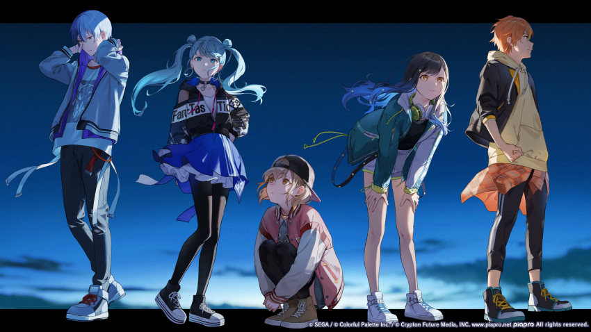 2boys, 3girls, aoyagi_touya, azusawa_kohane, bent_over, black_pantyhose, blue_hair, clenched_hand, daybreak_frontline_(vocaloid), hands_on_own_knees, hatsune_miku, headphones, headphones_around_neck, highres, hugging_own_legs, jacket, knees, kotatiyu, multicolored_hair, multiple_boys, multiple_girls, navel, orange_hair, pantyhose, project_sekai, shinonome_akito, shiraishi_an, skirt, squatting, twintails, vivid_bad_squad_(project_sekai), vivid_bad_squad_miku, white_hair, white_sneakers