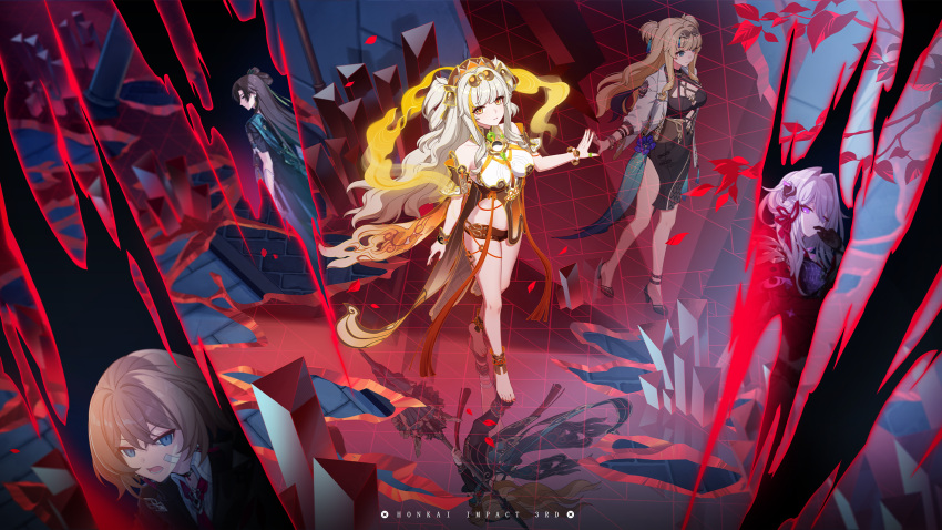 1boy, 3girls, baiji_(honkai_impact), bare_shoulders, black_gloves, black_jacket, blonde_hair, blue_eyes