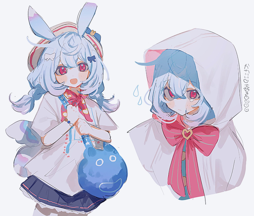 1girl, :d, animal_ears, bag, beret, black_skirt, blue_hair, bow