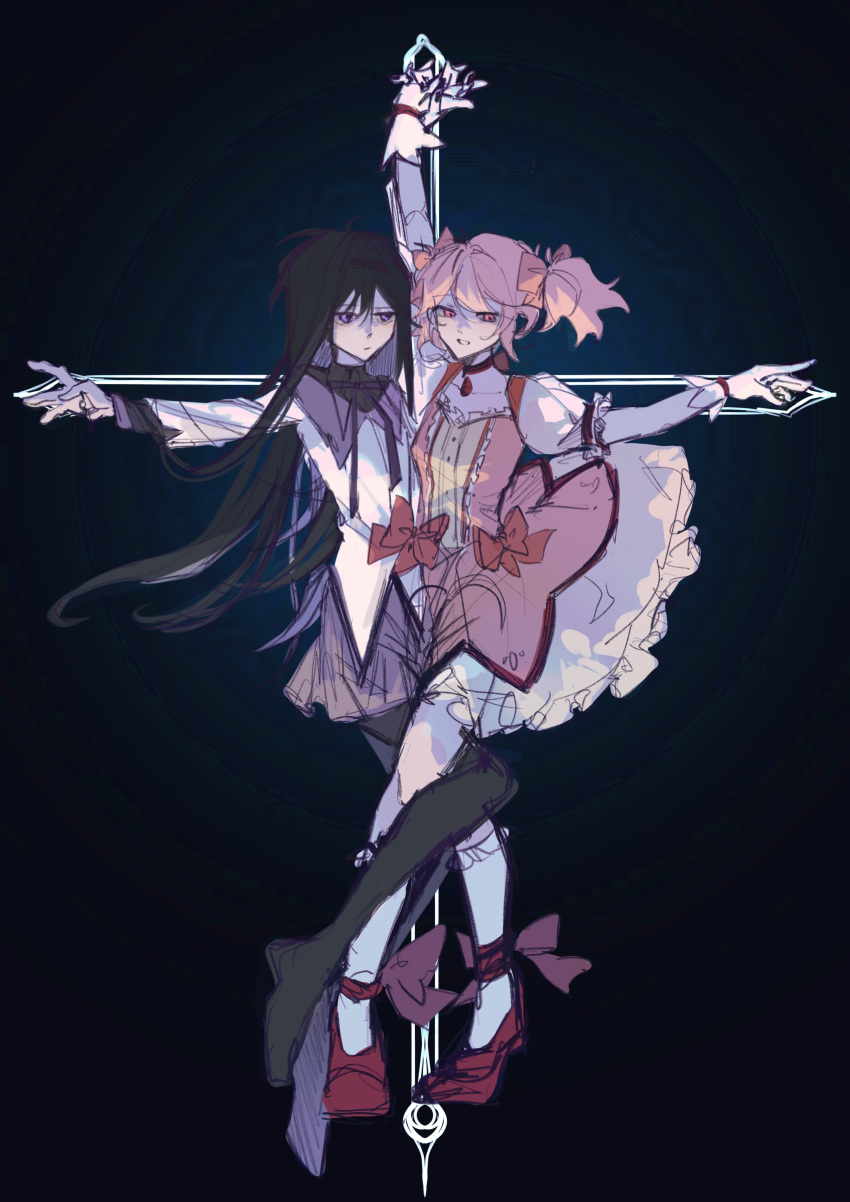 2girls, absurdres, akemi_homura, arm_up, black_background, black_capelet, black_footwear, black_hair, black_hairband, boots, bow, bow_choker, bowtie, buttons, capelet, center_frills, chest_jewel, chinese_commentary, choker, closed_mouth, collared_capelet, commentary_request, cross, dress, expressionless, floating_clothes, frilled_dress, frilled_skirt, frilled_sleeves, frills, full_body, gloves, hair_between_eyes, hair_bow, hairband, high_collar, highres, holding_hands, kaname_madoka, layered_sleeves, leg_around_another's_leg, lim.beilier, long_hair, long_sleeves, magical_girl, mahou_shoujo_madoka_magica, mahou_shoujo_madoka_magica_(anime), miniskirt, multiple_girls, open_mouth, outstretched_arms, pink_bow, pink_dress, pink_eyes, pink_gemstone, pink_hair, pleated_skirt, puffy_short_sleeves, puffy_sleeves, purple_bow, purple_bowtie, purple_capelet, purple_skirt, red_bow, red_choker, short_dress, short_hair, short_sleeves, short_twintails, skirt, skirt_under_dress, smile, straight_hair, teeth, thigh_boots, twintails, two-tone_capelet, very_long_hair, violet_eyes, waist_bow, white_dress, white_gloves, white_skirt, white_sleeves