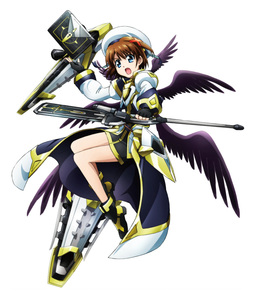 1girl, absurdres, ankle_boots, black_gloves, black_wings, book, boots, brown_hair