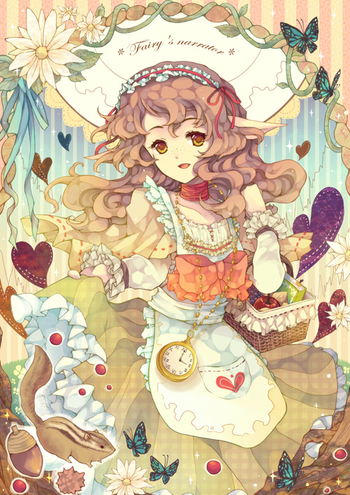 1girl, :d, apron, basket, brown_hair, butterfly, chipmunk, clock