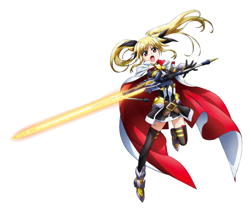 1girl, absurdres, armored_boots, bardiche_(nanoha), bardiche_(straight_saber_form)_(nanoha), belt, black_gloves, blonde_hair
