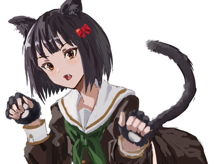 1girl, absurdres, animal_ear_fluff, animal_ears, animal_hands, bent_over, black_gloves, black_hair