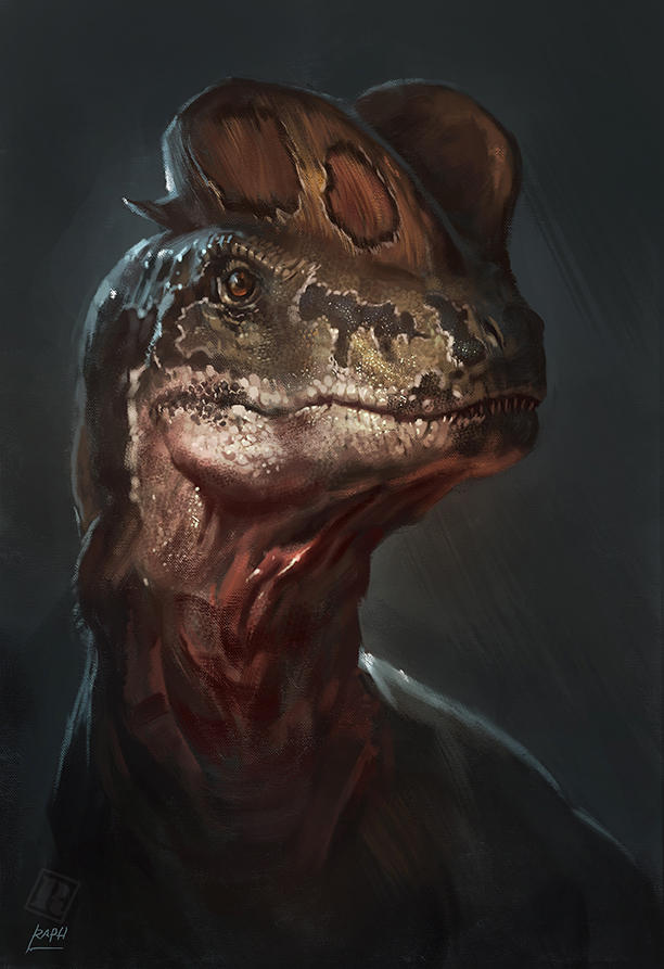 animal_focus, artist_name, brown_eyes, commentary, dilophosaurus, dinosaur, english_commentary, jurassic_park, no_humans, portrait, raphtor, signature