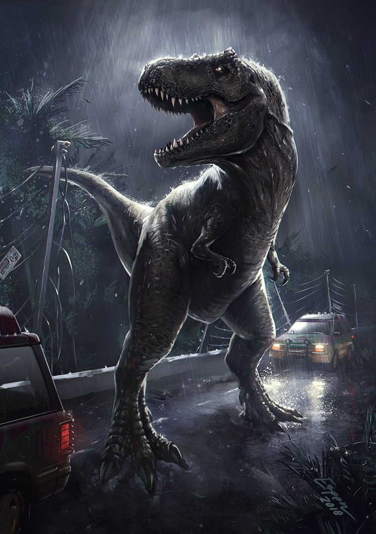 car, dinosaur, espen_grundetjern, jurassic_park, motor_vehicle, night, no_humans, open_mouth