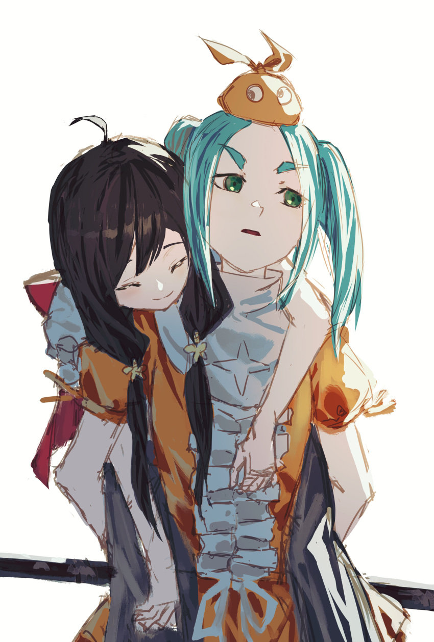 2girls, absurdres, ahoge, aqua_hair, araragi_tsukihi, arms_around_neck, averting_eyes, black_pants