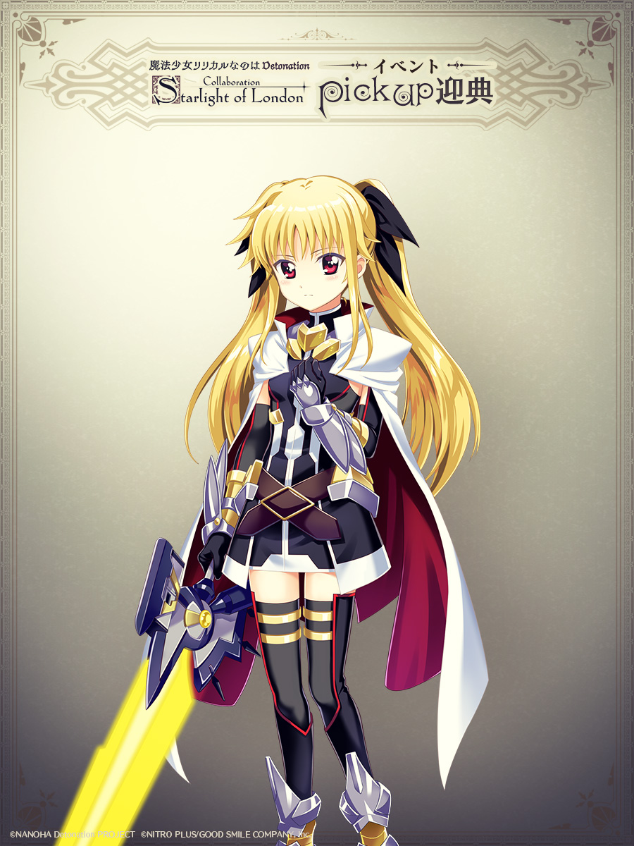 1girl, armored_gloves, bardiche_(nanoha), bardiche_(straight_saber_form)_(nanoha), belt, blonde_hair, cape, dress, elbow_gloves, energy_sword, fate_testarossa, fate_testarossa_(blaze_iii), fujima_takuya, gloves, highres, holding, holding_sword, holding_weapon, layered_legwear, lyrical_nanoha, magical_girl, mahou_shoujo_lyrical_nanoha_detonation, official_art, red_eyes, short_dress, solo, sword, thigh-highs, twintails, two-sided_cape, two-sided_fabric, warau_ars_notoria, weapon, zettai_ryouiki