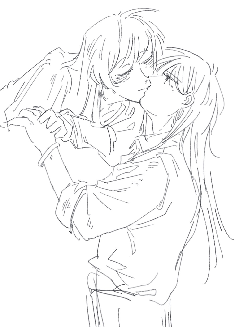 2girls, bang_dream!, bang_dream!_it's_mygo!!!!!, bracelet, chihaya_anon, chinese_commentary, closed_eyes, closed_mouth, commentary_request, duck_duck, greyscale, highres, holding_hands, jewelry, kiss, leaning_forward, long_hair, looking_at_another, mole, mole_under_eye, monochrome, multiple_girls, shiina_taki, sleeves_rolled_up, smile, yuri