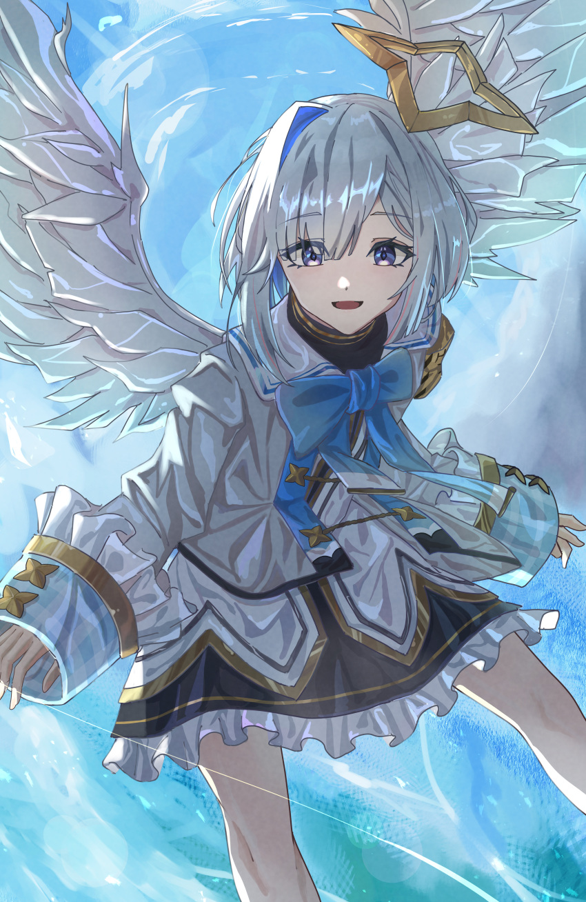 1girl, :d, absurdres, amane_kanata, amane_kanata_(1st_costume), angel, angel_wings, asymmetrical_bangs