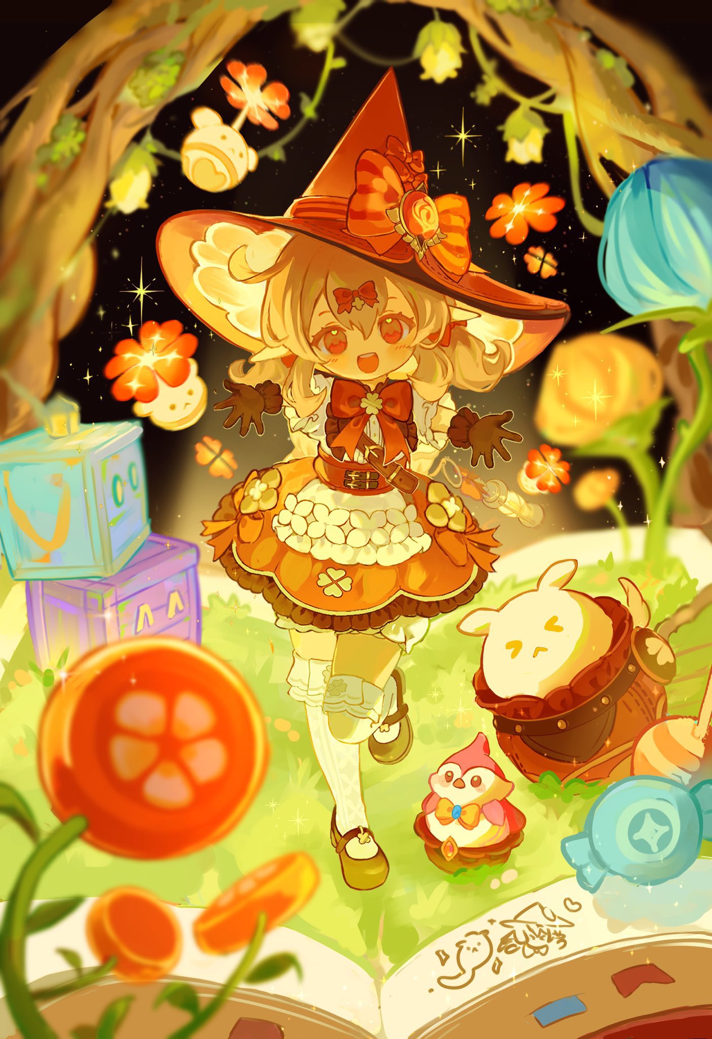 1girl, black_footwear, black_gloves, blonde_hair, bloomers, blue_flower, bow, bowtie