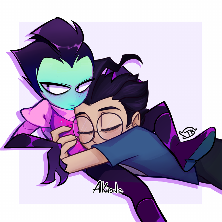 ahoge, alien, artist_name, black_hair, boots, colored_skin, dib_(invader_zim), glasses, green_skin, hug, invader_zim, looking_at_viewer, male_focus, multiple_boys, pants, shirt, short_hair, yoyochaan, zim_(invader_zim)