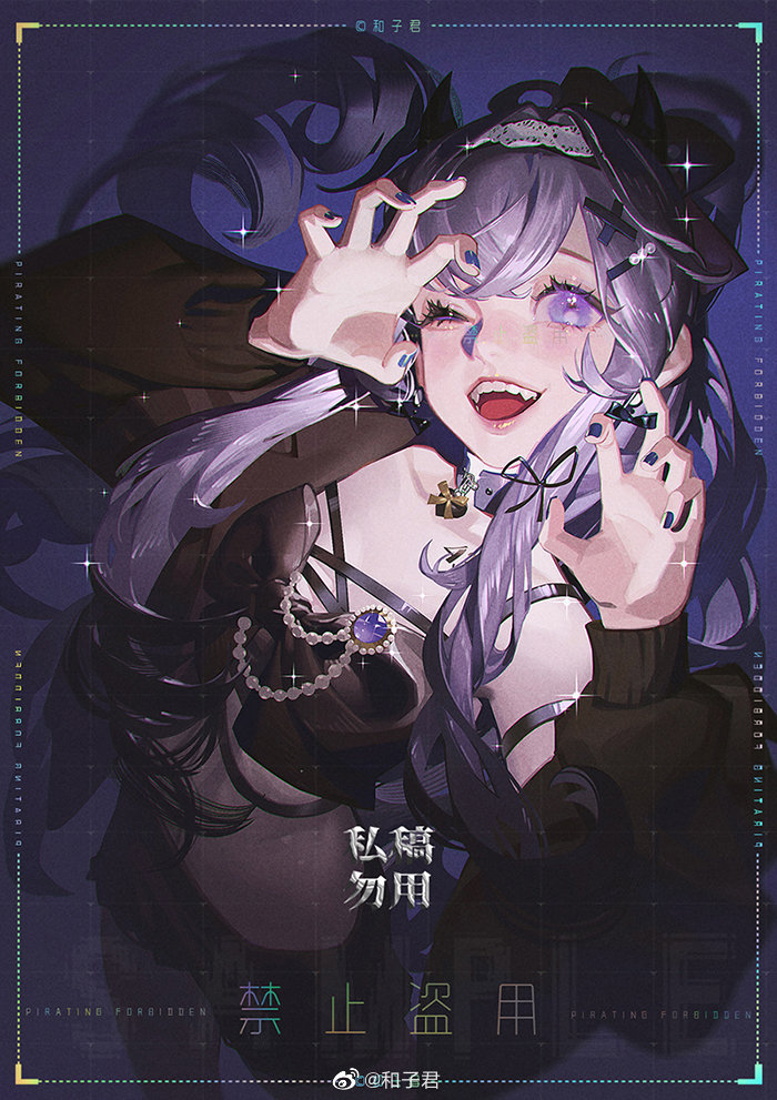 black_horns, black_jacket, black_shorts, blue_nails, blurry, blush, bow, bow_earrings