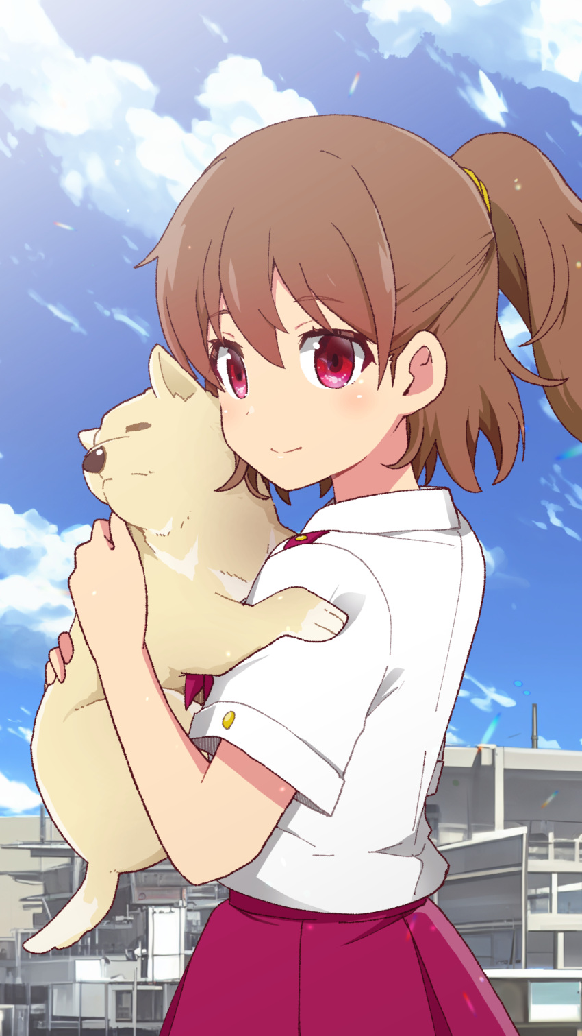 1girl, akasaka_miyuki, animal, brown_hair, day, dog, from_side, half_updo