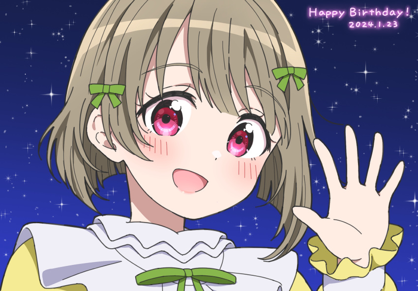 1girl, blush, commentary, dated, dress, frilled_sleeves, frills, green_ribbon