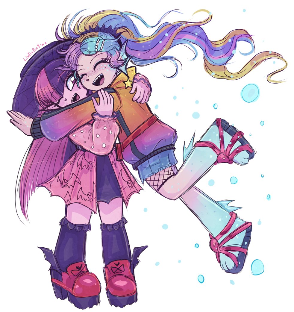 2girls, black_hair, colored_skin, draculaura, earrings, fangs, heart, hug