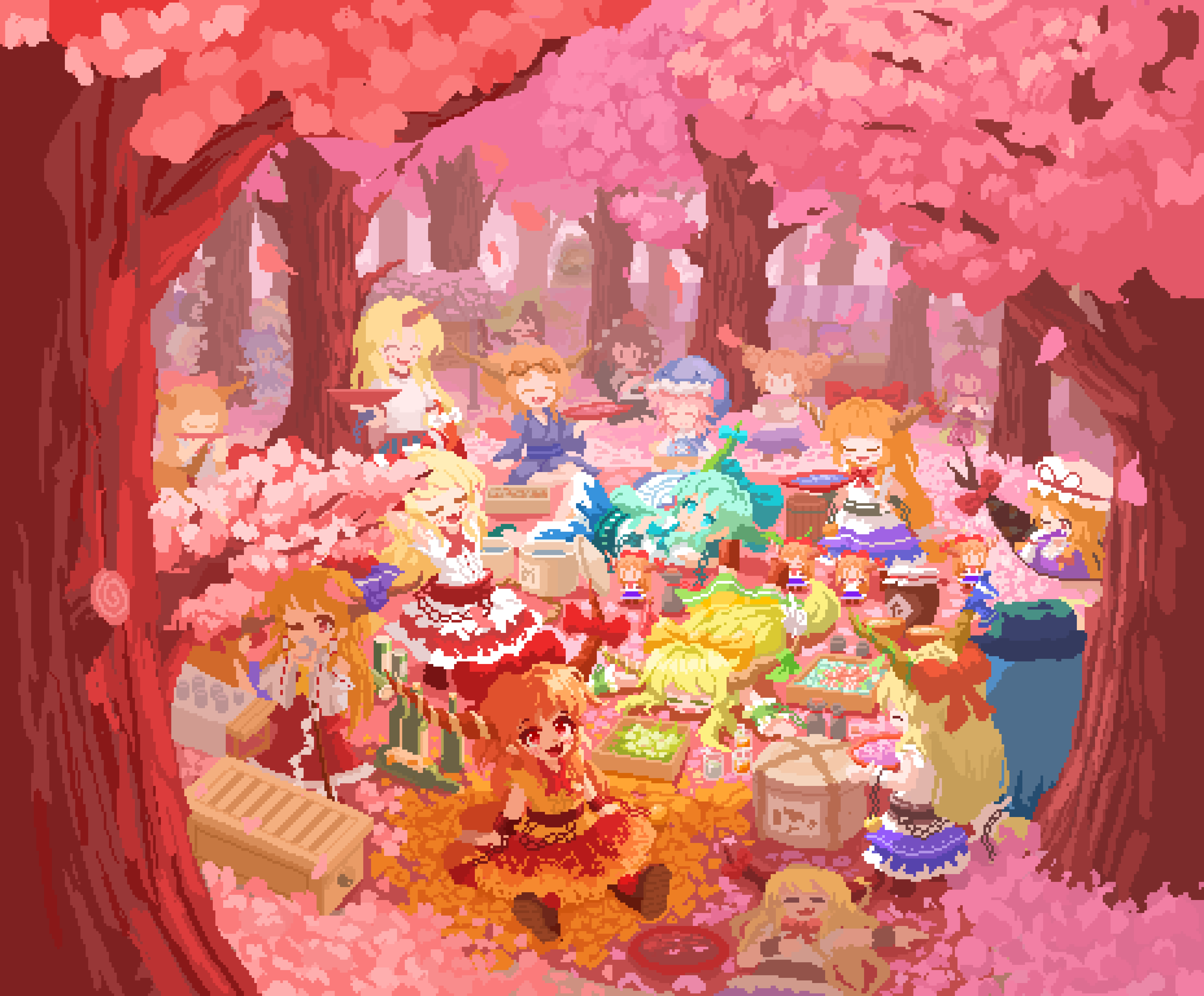 02charaice20, 6+girls, absurdres, alternate_color, alternate_costume, alternate_hairstyle, bird, blue_hat