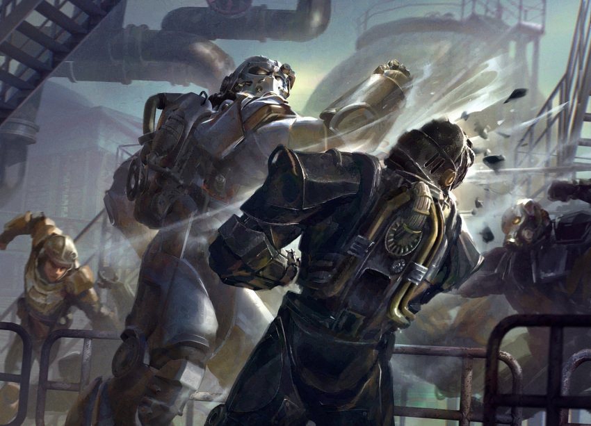 4boys, armor, battle, billy_christian, factory, fallout_(series), indoors, multiple_boys