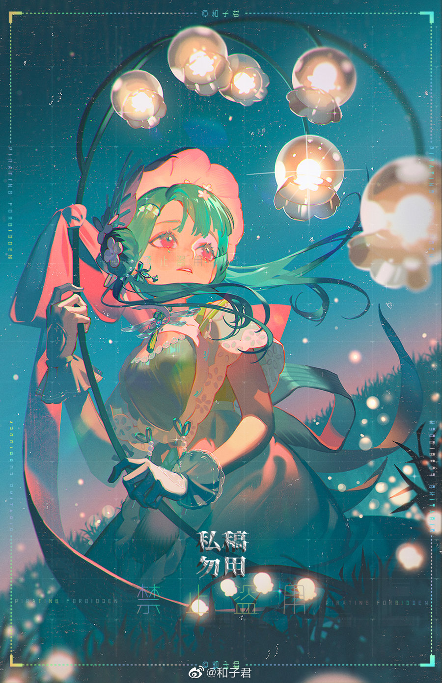1girl, blurry, blush, bonnet, bow, cleavage_cutout, clothing_cutout, colorful, dangle_earrings, double_bun, dress, earrings, eyelashes, floating_hair, flower, flower_hairpin, gloves, grass, green_dress, green_hair, hair_bun, hair_flower, hair_ornament, hairpin, hekouziran, highres, holding, holding_flower, jewelry, large_bow, lily_of_the_valley, long_hair, looking_at_object, looking_up, night, night_sky, on_grass, original, outdoors, parted_lips, pink_bonnet, pink_bow, pink_eyes, short_sleeves, sitting, sky, solo, star_(sky), tassel, white_flower, wind