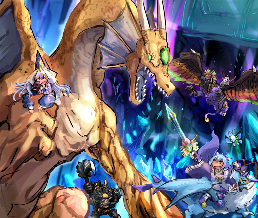 2boys, 2girls, @_@, battle, blue_fire, blue_hair, dracoback_the_rideable_dragon, dragon, duel_monster, dungeon, dunnel_the_noble_arms_of_light, fire, hatano_kiyoshi, highres, holding, holding_sword, holding_weapon, laundry_dragonmaid, magicore_warrior_of_the_relics, maid, multiple_boys, multiple_girls, size_difference, starlit_papillon, sword, tyrant_dragon, wa_maid, wandering_gryphon_rider, water_enchantress_of_the_temple, weapon, yu-gi-oh!