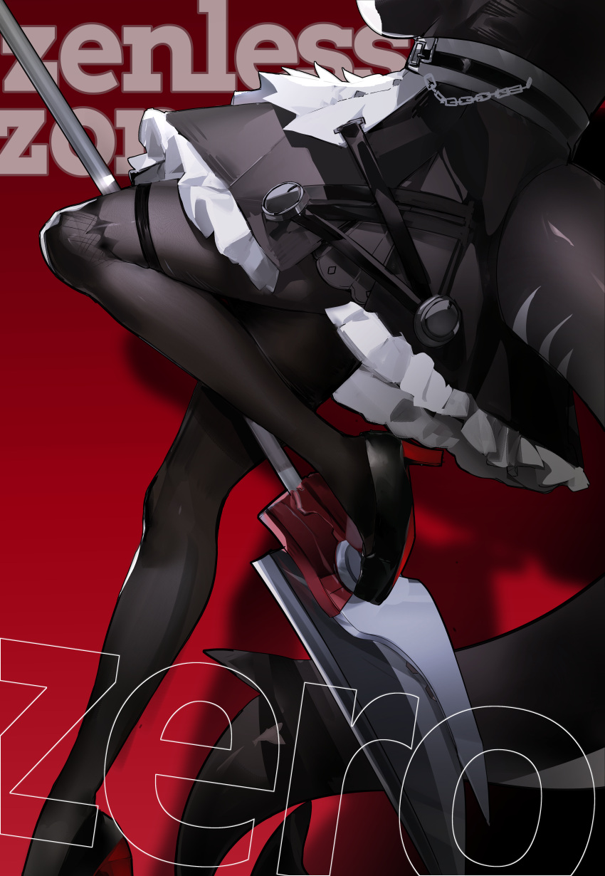 1girl, absurdres, black_dress, black_footwear, black_pantyhose, dress, ellen_joe, fins, fish_tail, foot_out_of_frame, highres, legs, lower_body, pantyhose, red_background, shadow, shark_tail, simple_background, solo, tail, weapon, yujae_hzcx2584, zenless_zone_zero