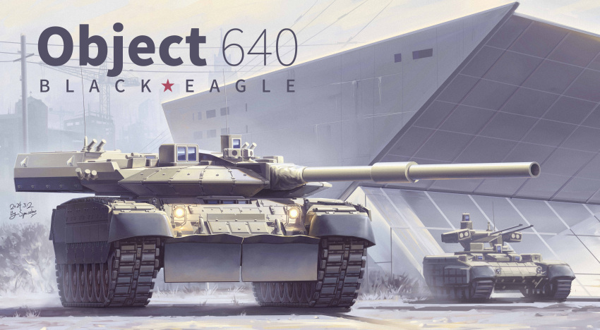 absurdres, armored_vehicle, building, cable, caterpillar_tracks, commission, factory, highres
