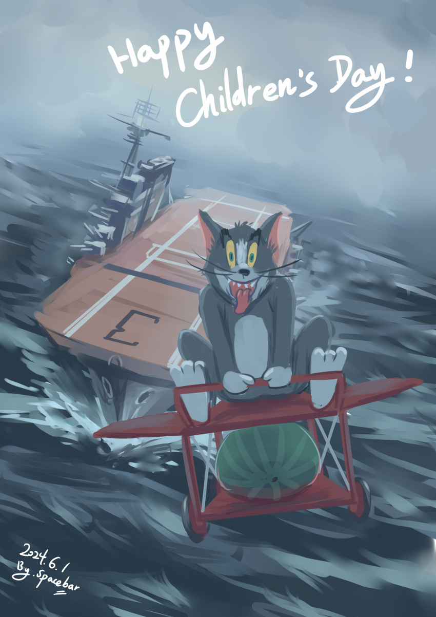 1boy, absurdres, aircraft, aircraft_carrier, cat, children's_day, dutch_angle, english_text, f6f_hellcat, flying, fog, highres, military, military_vehicle, no_humans, ocean, pun, ship, spacebar_hobby, tom_(tom_and_jerry), tom_and_jerry, tongue, tongue_out, uss_saratoga_(cv-3), warship, watercraft