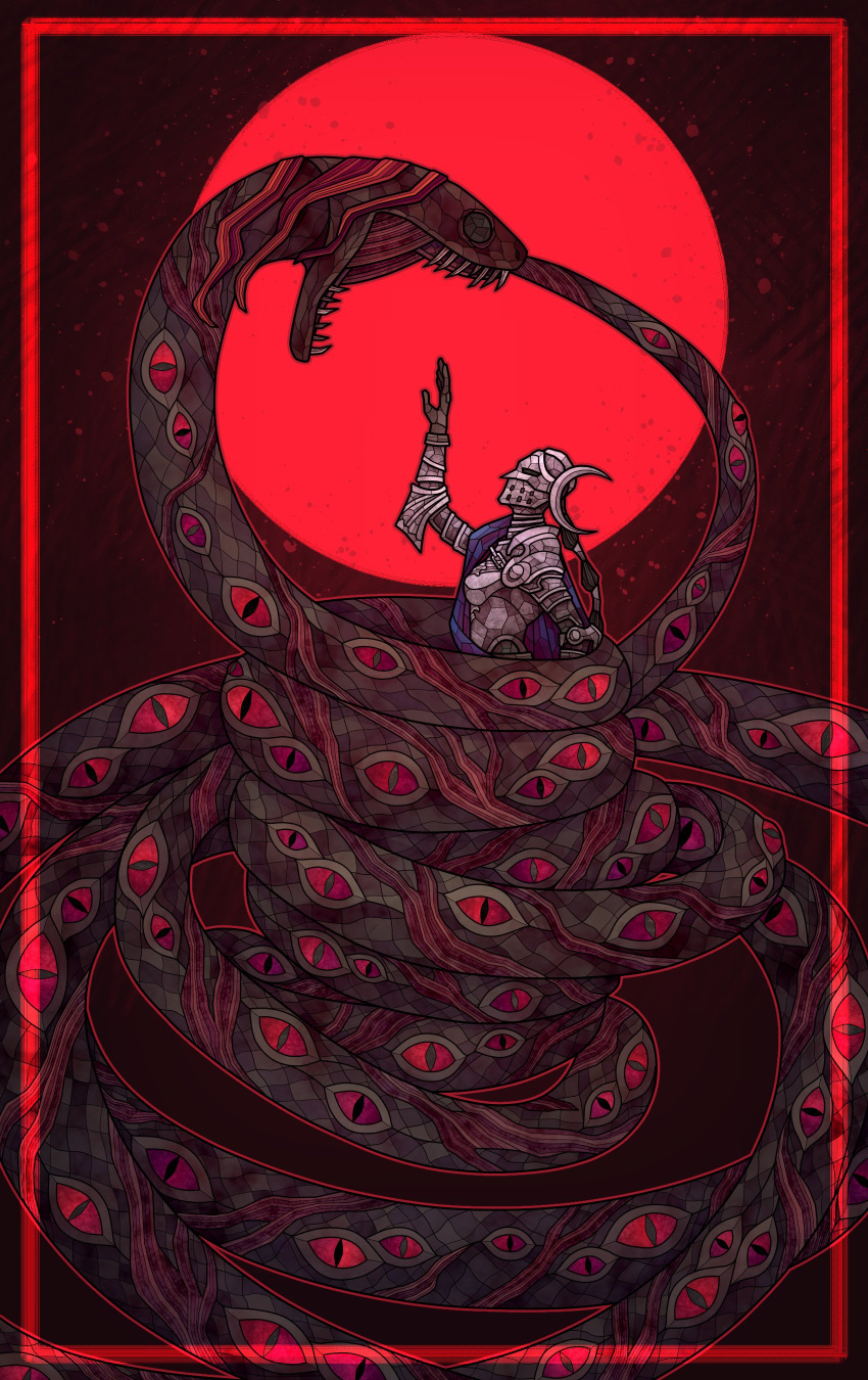 1girl, absurdres, armor, border, elden_ring, elden_ring:_shadow_of_the_erdtree, entangled, full_armor, full_moon, helmet, highres, inset_border, maranigai, moon, open_mouth, red_background, red_border, red_moon, rellana_twin_moon_knight, sharp_teeth, snake, teeth, too_many_eyes, winged_helmet