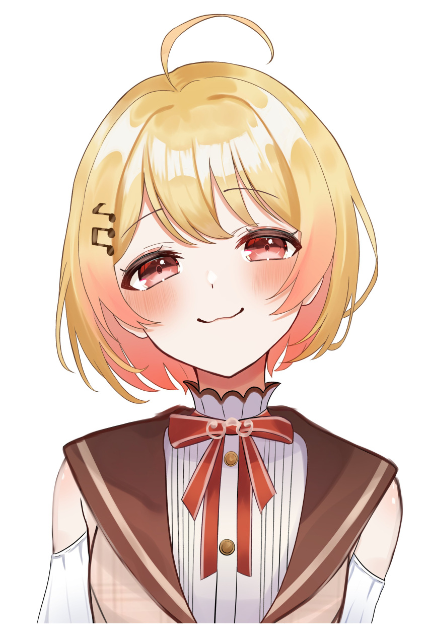 1girl, absurdres, ahoge, alternate_hairstyle, blonde_hair, bob_cut, bow, bowtie