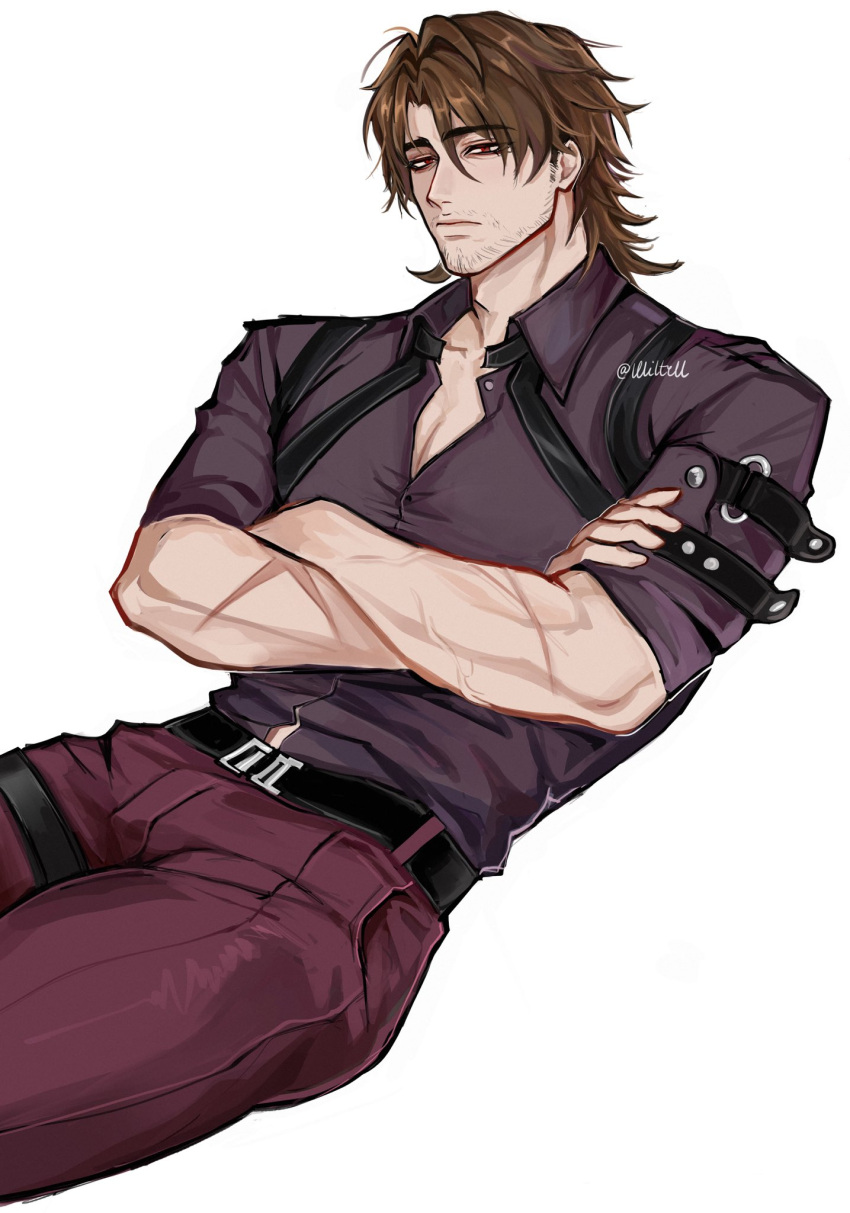 1boy, arm_belt, beard_stubble, belt, black_belt, black_shirt, brown_eyes, brown_hair