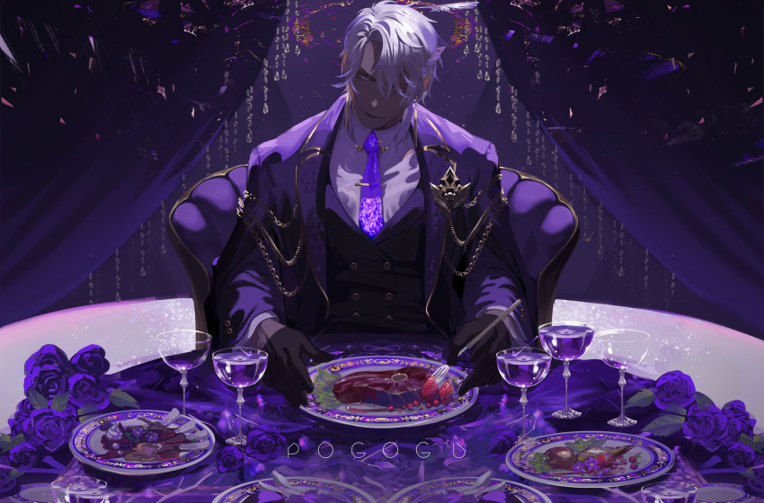 1boy, arms_on_table, artist_name, black_gloves, chain, chair, closed_mouth, collared_shirt