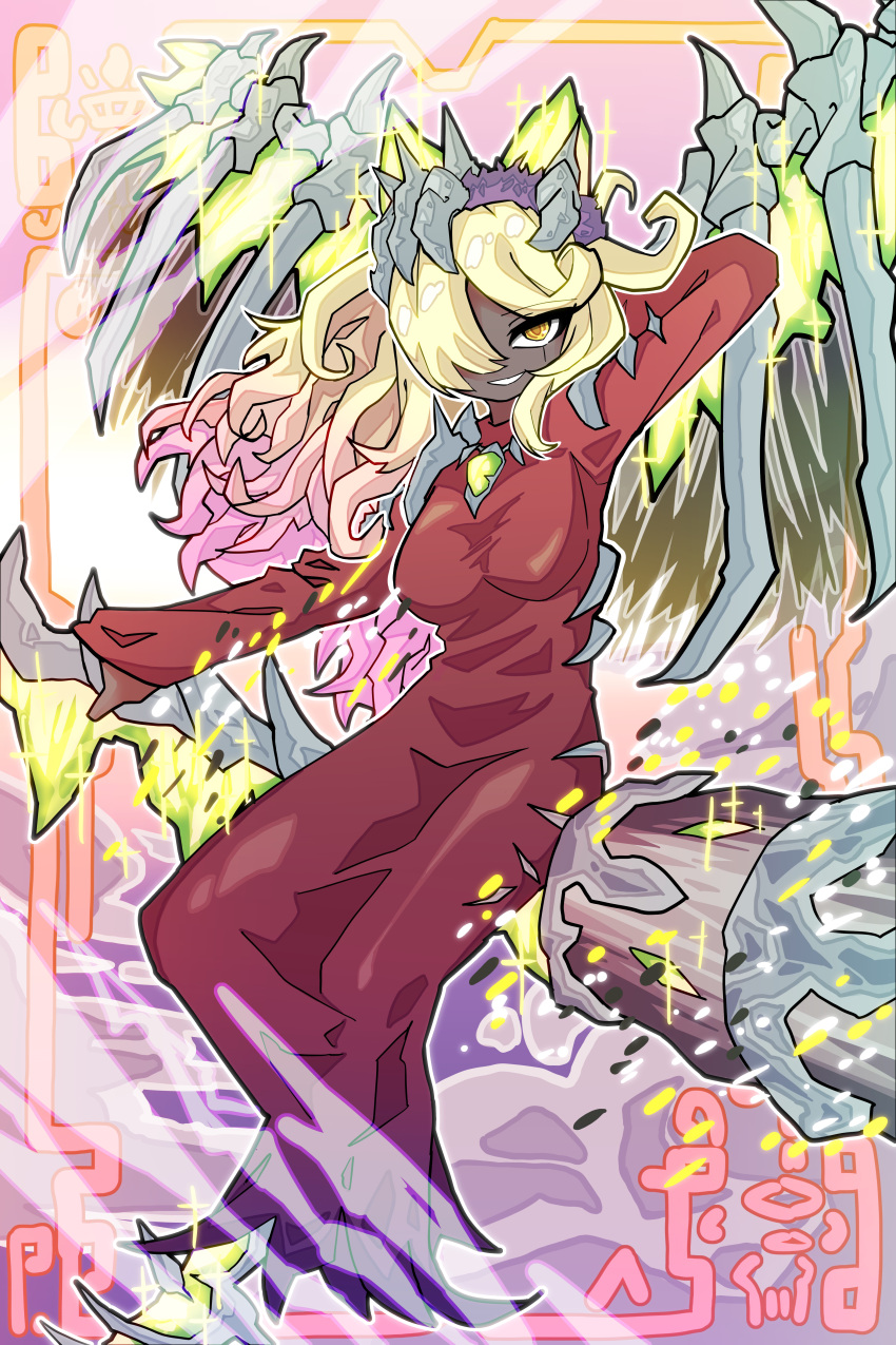 1girl, absurdres, black_skin, blonde_hair, broom, broom_riding, colored_skin, duel_monster