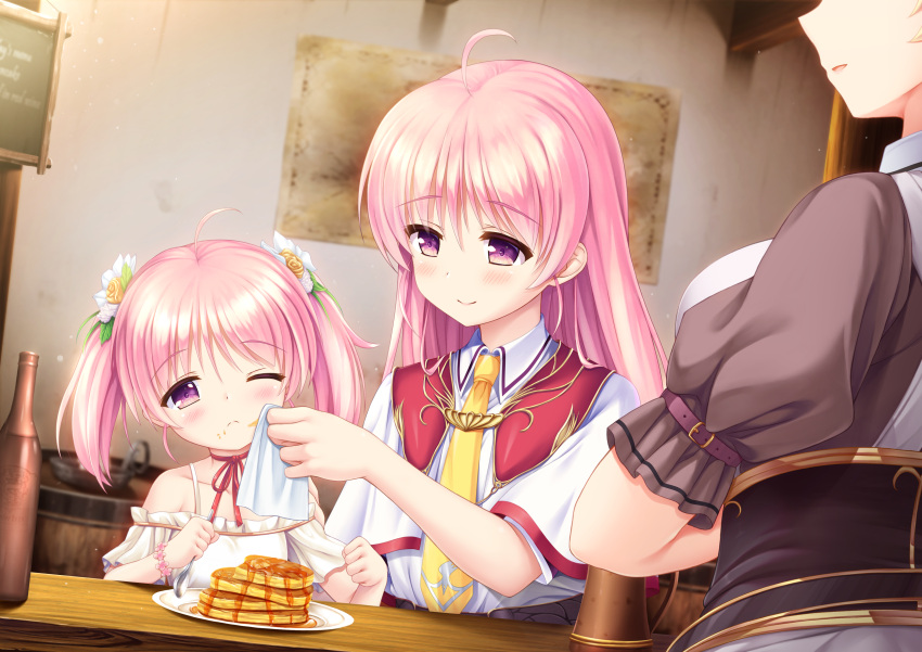 3girls, absurdres, ahoge, aiyoku_no_eustia, bare_shoulders, blush, breasts, child