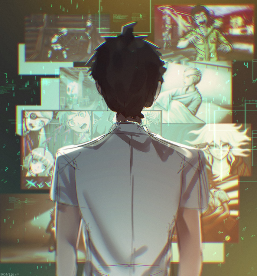 1boy, ahoge, brown_hair, danganronpa_(series), danganronpa_2:_goodbye_despair, eyepatch, facing_away, from_behind, grey_shirt, highres, hinata_hajime, komaeda_nagito, kuzuryu_fuyuhiko, male_focus, nanami_chiaki, owari_akane, shirt, shiu_(dnrn_si), short_hair, short_sleeves, soda_kazuichi, solo, tanaka_gundham, upper_body