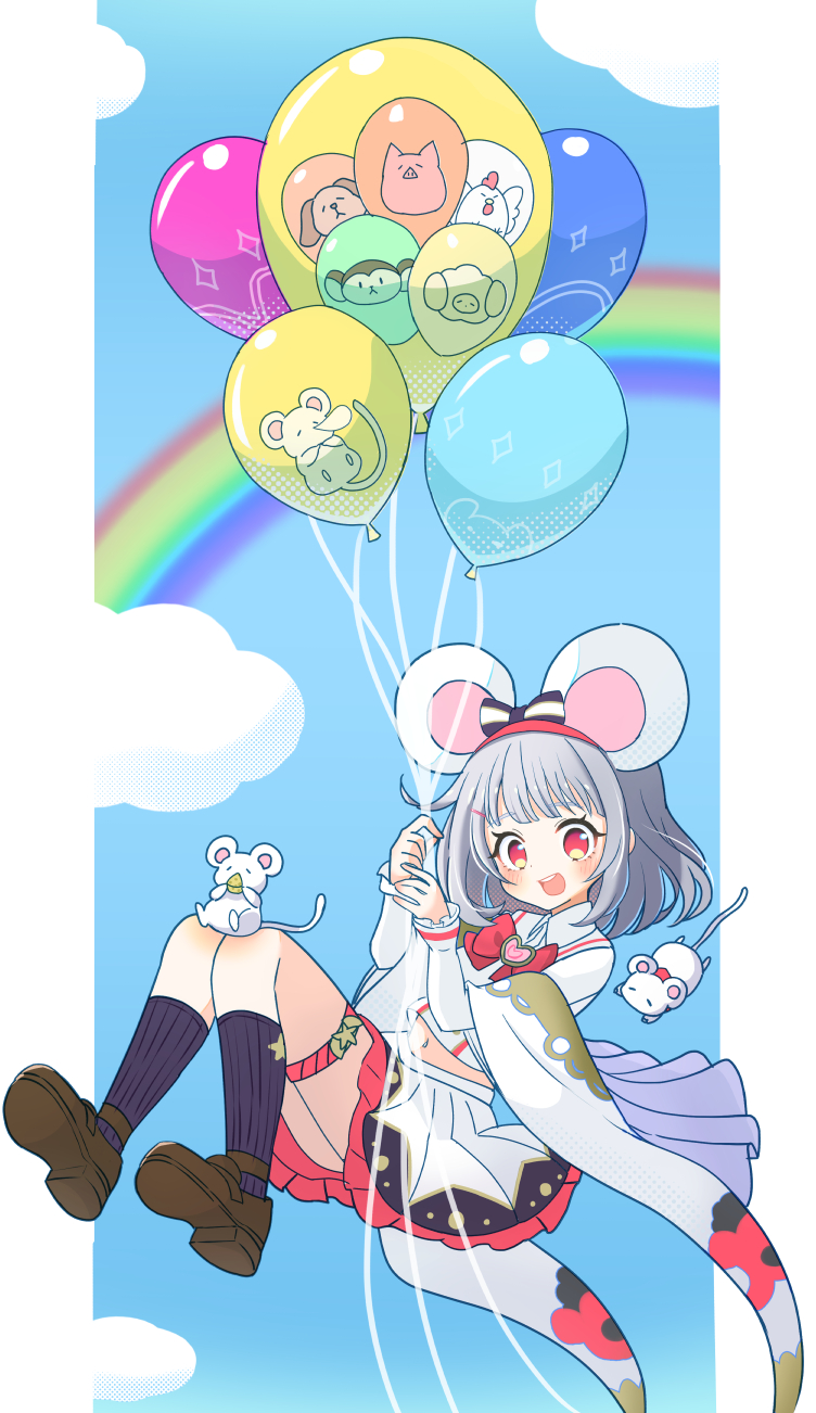1girl, animal_ear_hairband, animal_ears, balloon, blue_sky, fake_animal_ears, granblue_fantasy, grey_hair