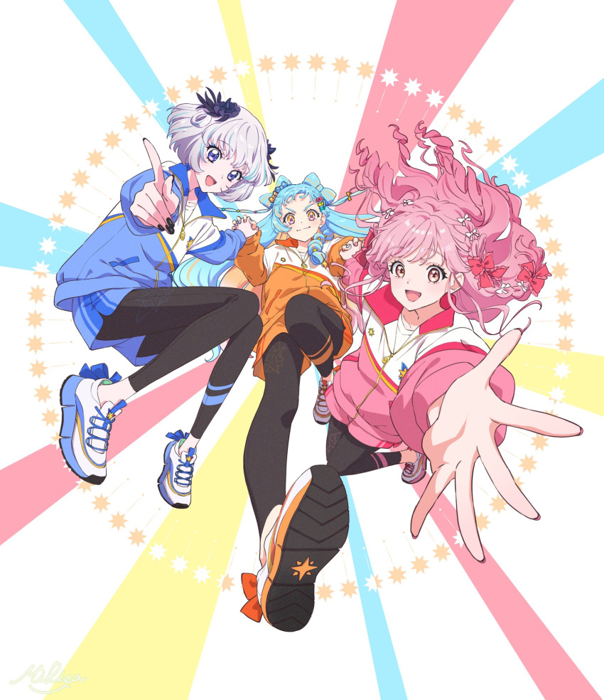 3girls, :d, aikatsu!_(series), aikatsu_academy!, black_leggings, black_nails, blue_bow, blue_hair