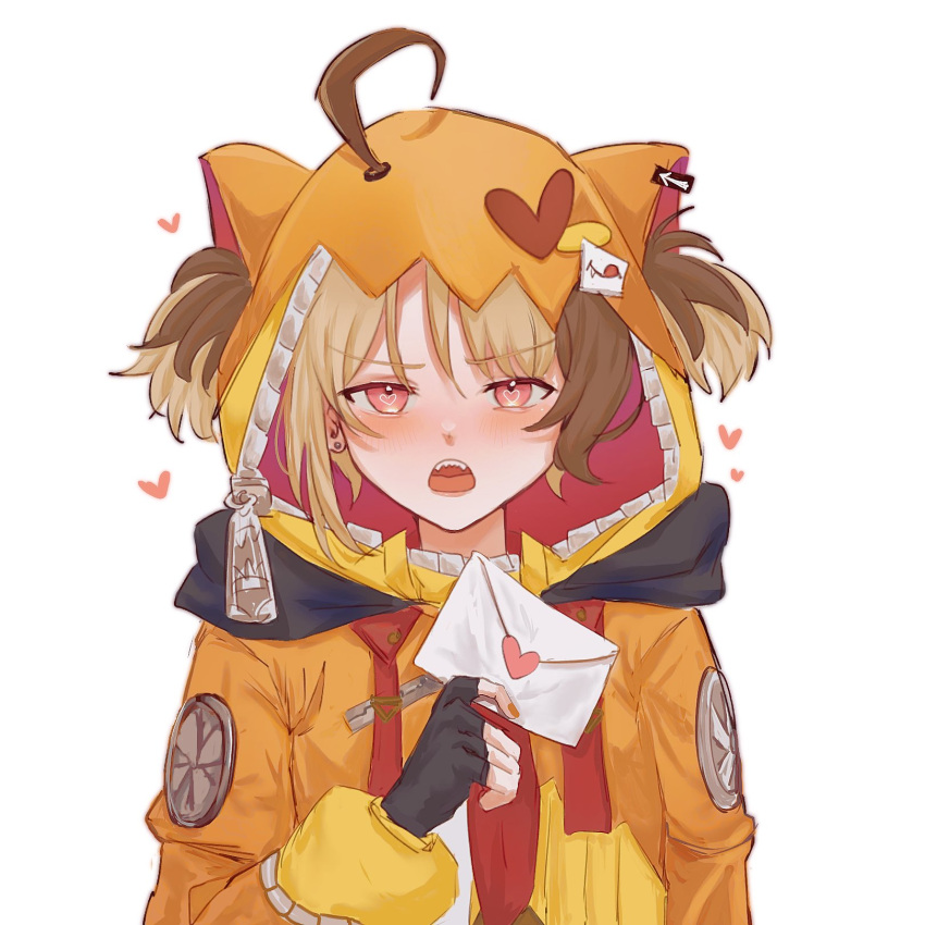 1girl, ahoge, blush, brown_hair, earrings, fingerless_gloves, gigi_murin, gloves, happy_(yppah1060), heart, heart_in_eye, highres, hololive, hololive_english, hood, hoodie, jewelry, light_brown_hair, love_letter, multicolored_hair, orange_hoodie, sharp_teeth, stud_earrings, symbol_in_eye, teeth, twintails, two-tone_hair, virtual_youtuber, white_background, zipper, zipper_pull_tab
