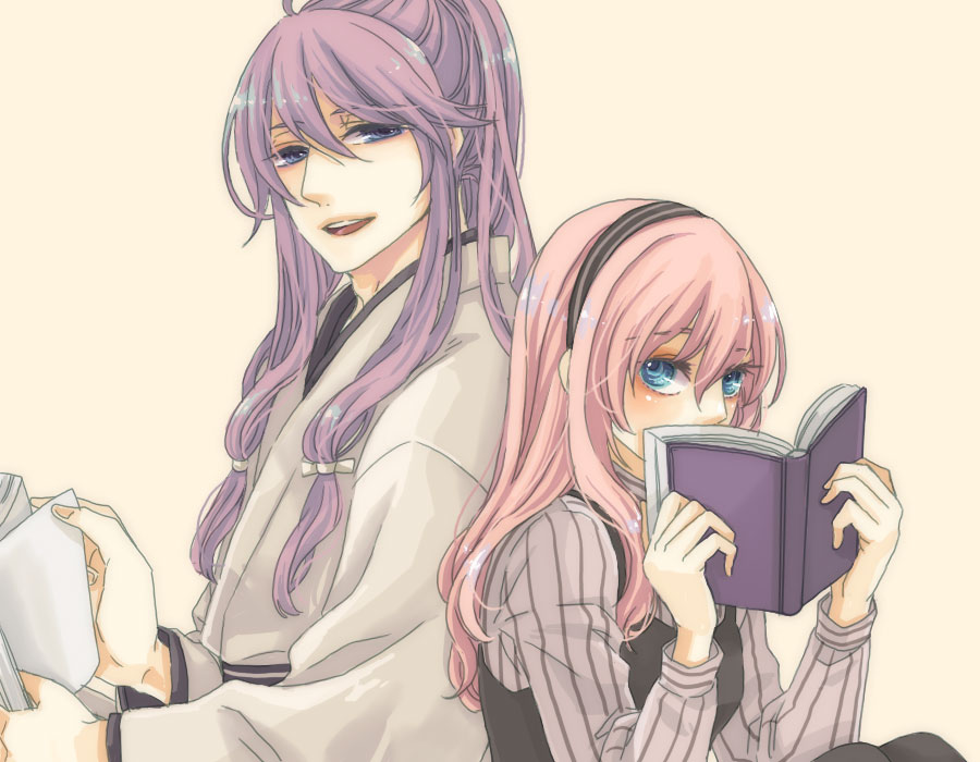 blue_eyes, blush, book, chiyo_(chidori), hair_ribbon, headband, kamui_gakupo, long_hair, megurine_luka, open_mouth, pink_hair, purple_hair, ribbon, smile, vocaloid