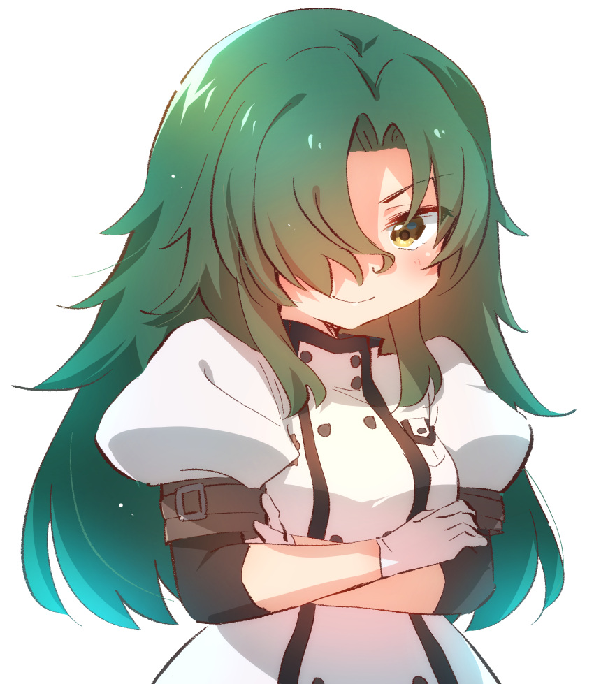 1girl, black_sleeves, blush, chiyu_mahou_no_machigatta_tsukaikata, coat, gloves, green_hair, hair_over_one_eye