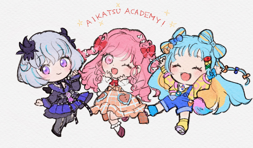 3girls, aikatsu!_(series), aikatsu_academy!, black_dress, blonde_hair, blue_hair, blue_overalls, blush