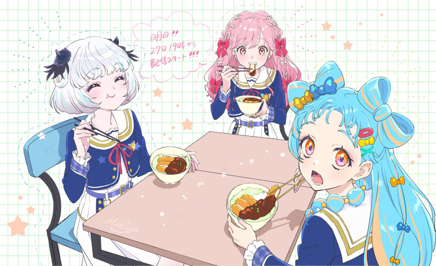 3girls, aikatsu!_(series), aikatsu_academy!, belt, blue_hair, blue_shirt, bow, bow-shaped_hair