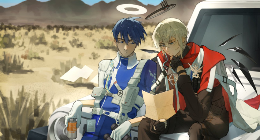 2boys, :/, arknights, arm_up, bandolier, belt_pouch, black_bracelet, black_gloves