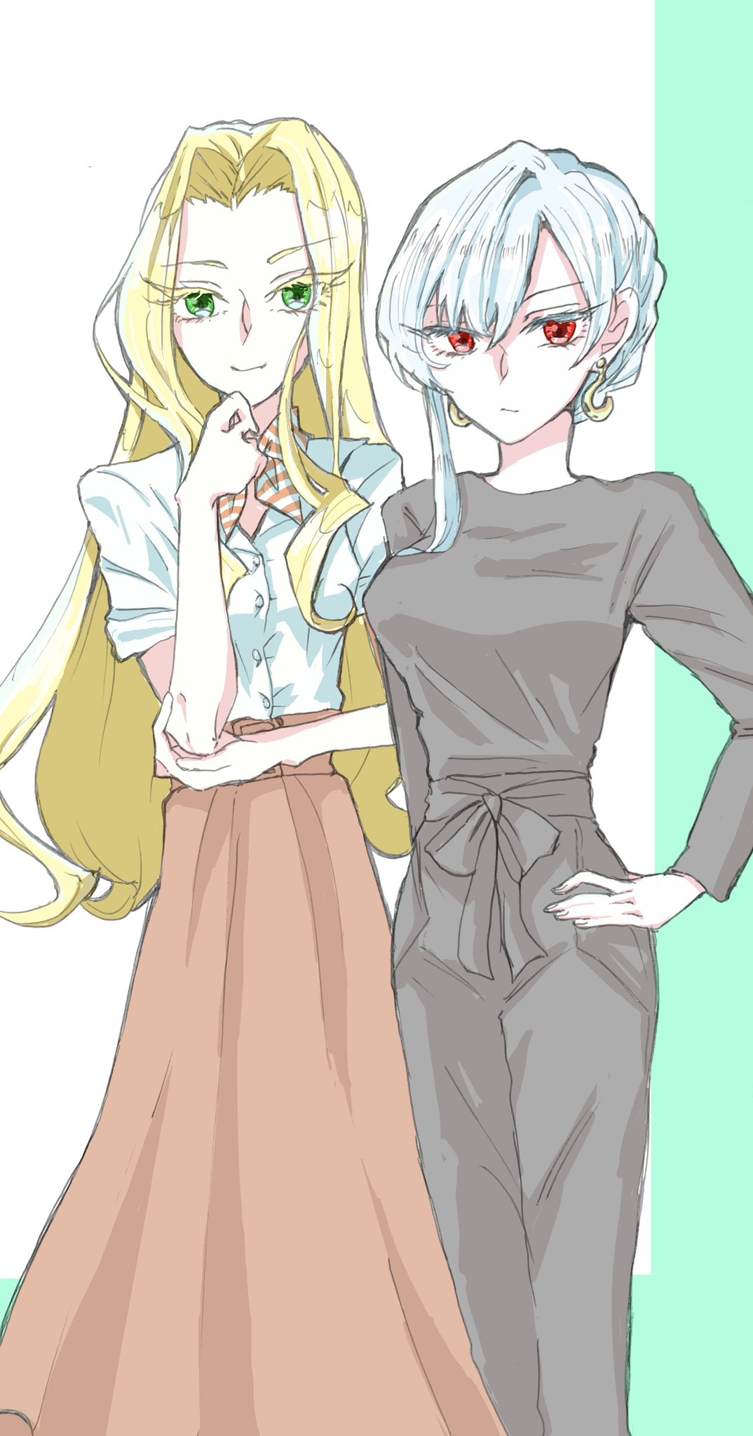 2girls, alternate_costume, bandana, bandana_around_neck, black_pants, black_shirt, blonde_hair, brown_skirt