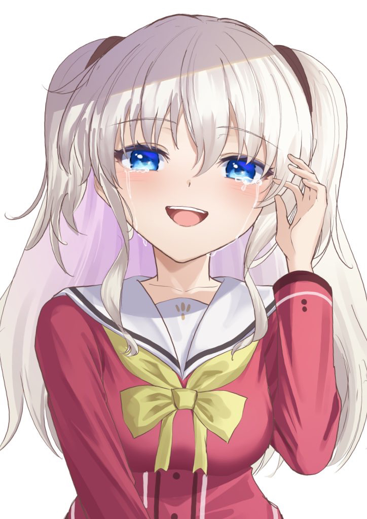 1girl, :d, akane_(tgixb), blue_eyes, blush, bow, charlotte_(anime), commentary, crying, crying_with_eyes_open, eyelashes, eyes_visible_through_hair, grey_hair, hair_between_eyes, happy, happy_tears, hoshinoumi_academy_school_uniform, long_hair, looking_at_viewer, open_mouth, red_shirt, sailor_collar, school_uniform, serafuku, shirt, sidelocks, simple_background, smile, solo, straight-on, streaming_tears, tears, teeth, tomori_nao, tsurime, two_side_up, upper_body, upper_teeth_only, white_background, white_sailor_collar, yellow_bow