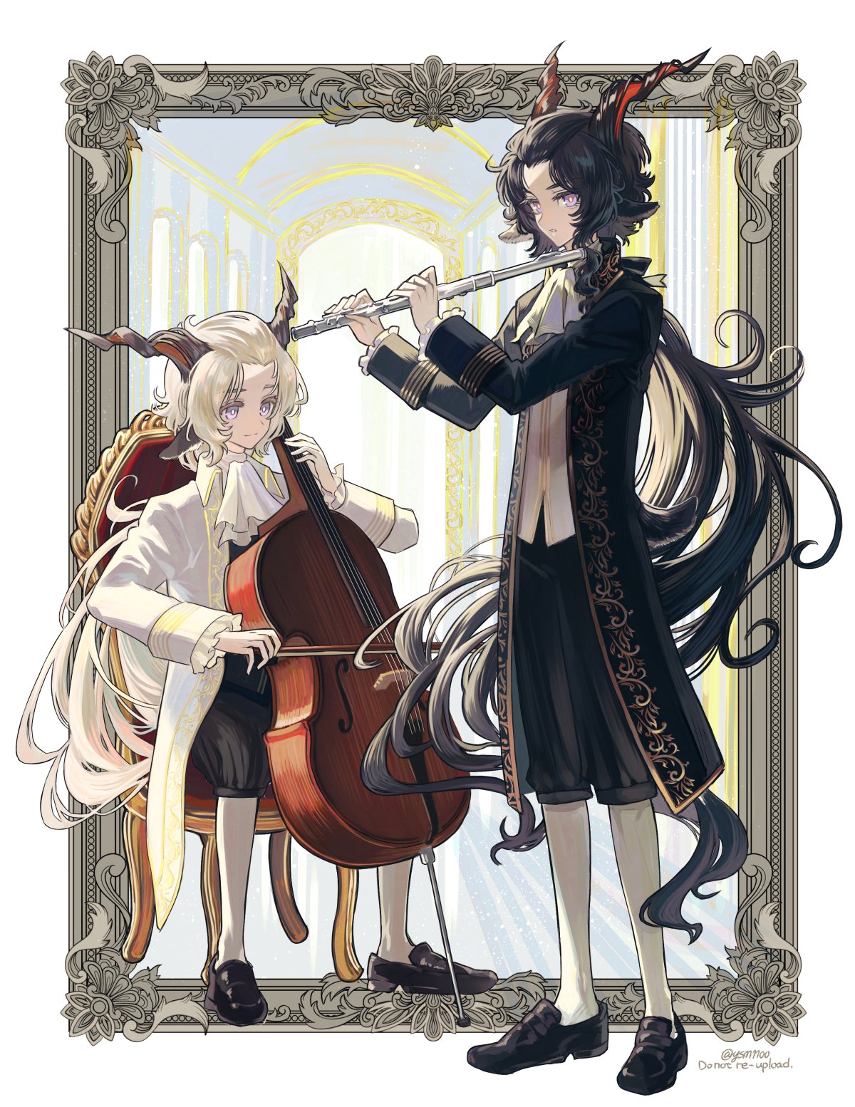 2boys, animal_ears, arknights, ascot, black_footwear, black_hair, black_jacket, black_pants, bow_(music), drawing_(object), ebenholz_(arknights), flute, frills, goat_boy, goat_ears, goat_horns, highres, holding, holding_bow_(music), holding_instrument, holding_violin, horns, instrument, jacket, kreide_(arknights), long_hair, long_sleeves, male_focus, multiple_boys, music, pants, picture_frame, playing_flute, playing_instrument, shoes, sitting, violet_eyes, violin, white_ascot, white_hair, white_jacket, ysm1100