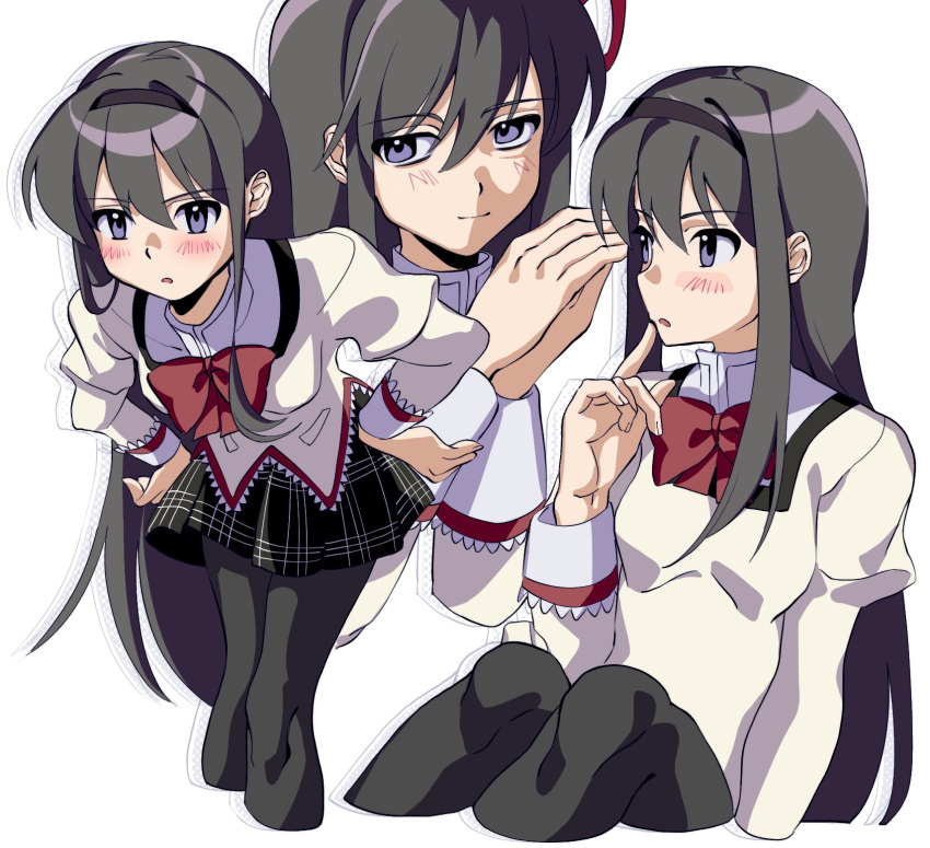 1girl, akemi_homura, black_hair, blush, bow, hairband, highres, kuro_miumu
